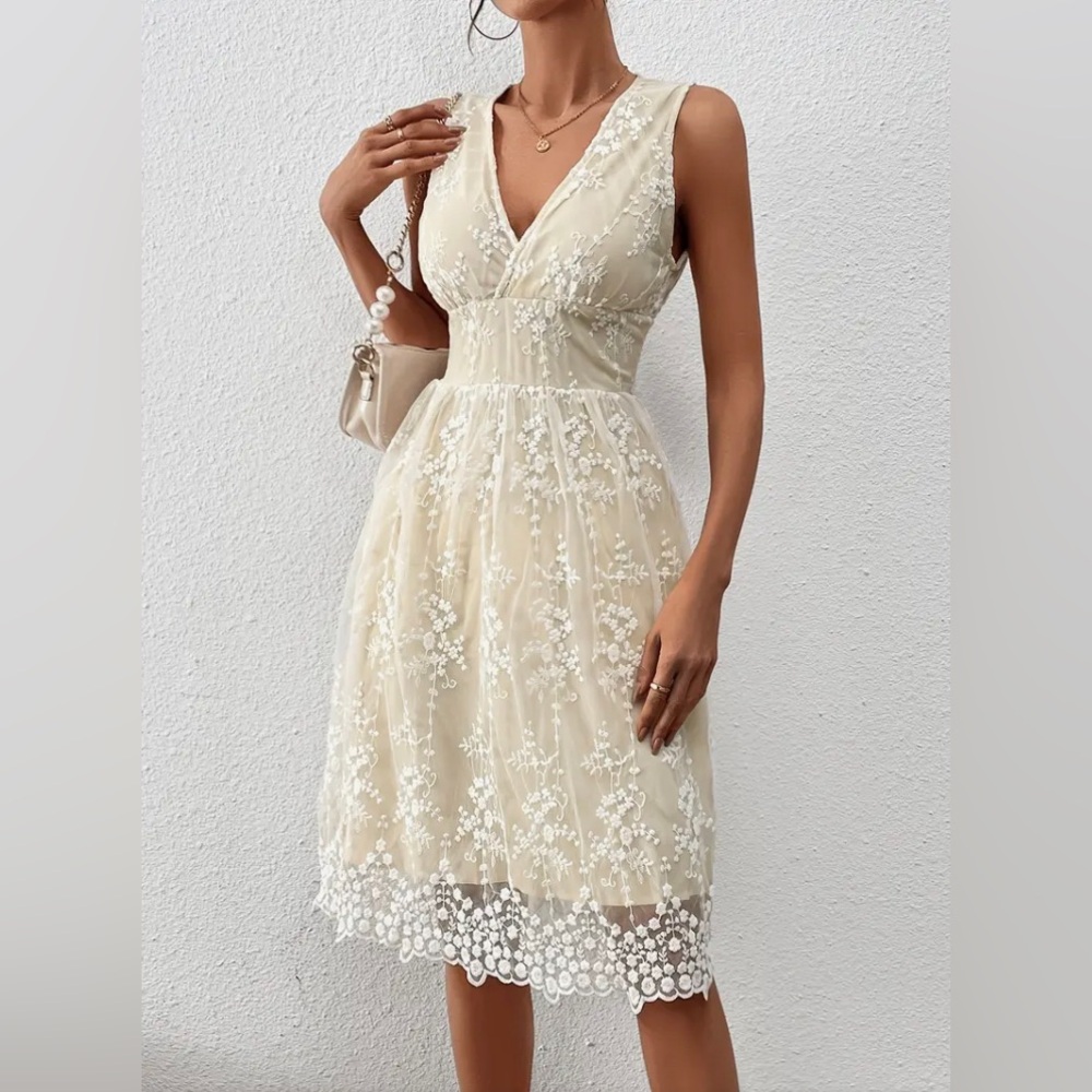 Solid Deep V Neck Sleeveless High Waist Lace Dress, Elegant Ruffled Hem Midi